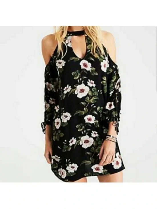 American Eagle cold shoulder long sleeve dress. Size Small Black w/floral print - Picture 1 of 4